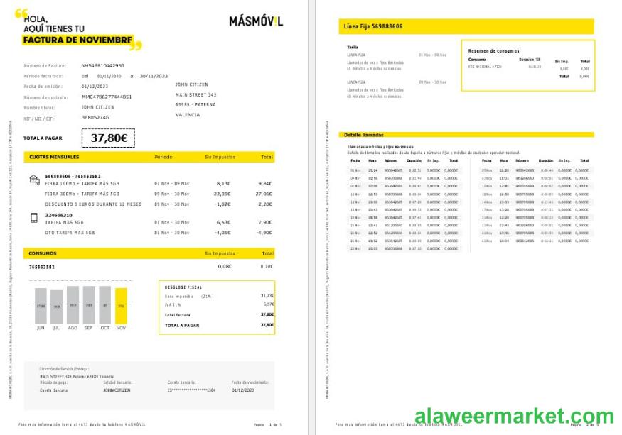 Spain Masmovil internet and mobile utility  bill Word and PDF formats, 5 pages